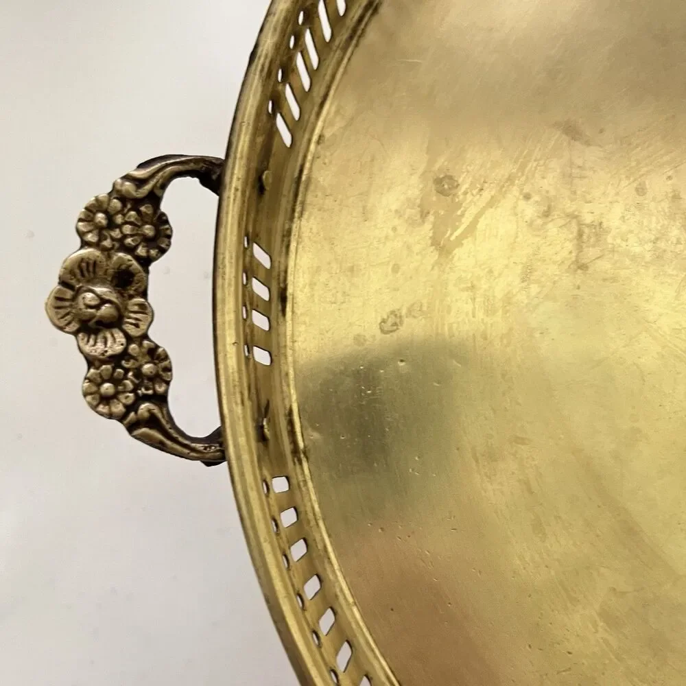 Vintage Brass Gallery Tray Round Ornate Dual Handles Made in India 11 Inch